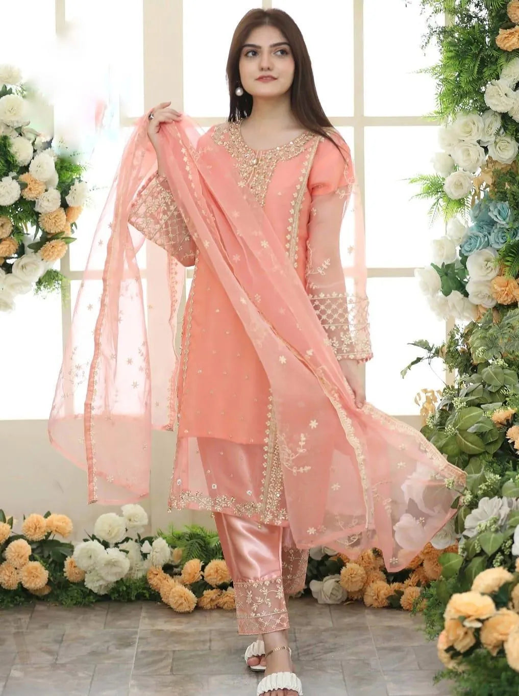 Peach Organza 3-Piece Eid Wedding Suit with Embroidery